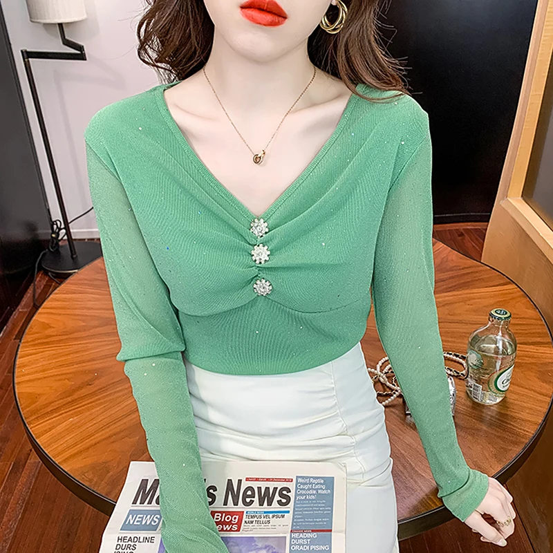 

Faionable Sexy V-Ne T-irt Women's Long Sve Me Top Slim Fit Versatile Base irt Korean Sle Commute Sle Autumn ...