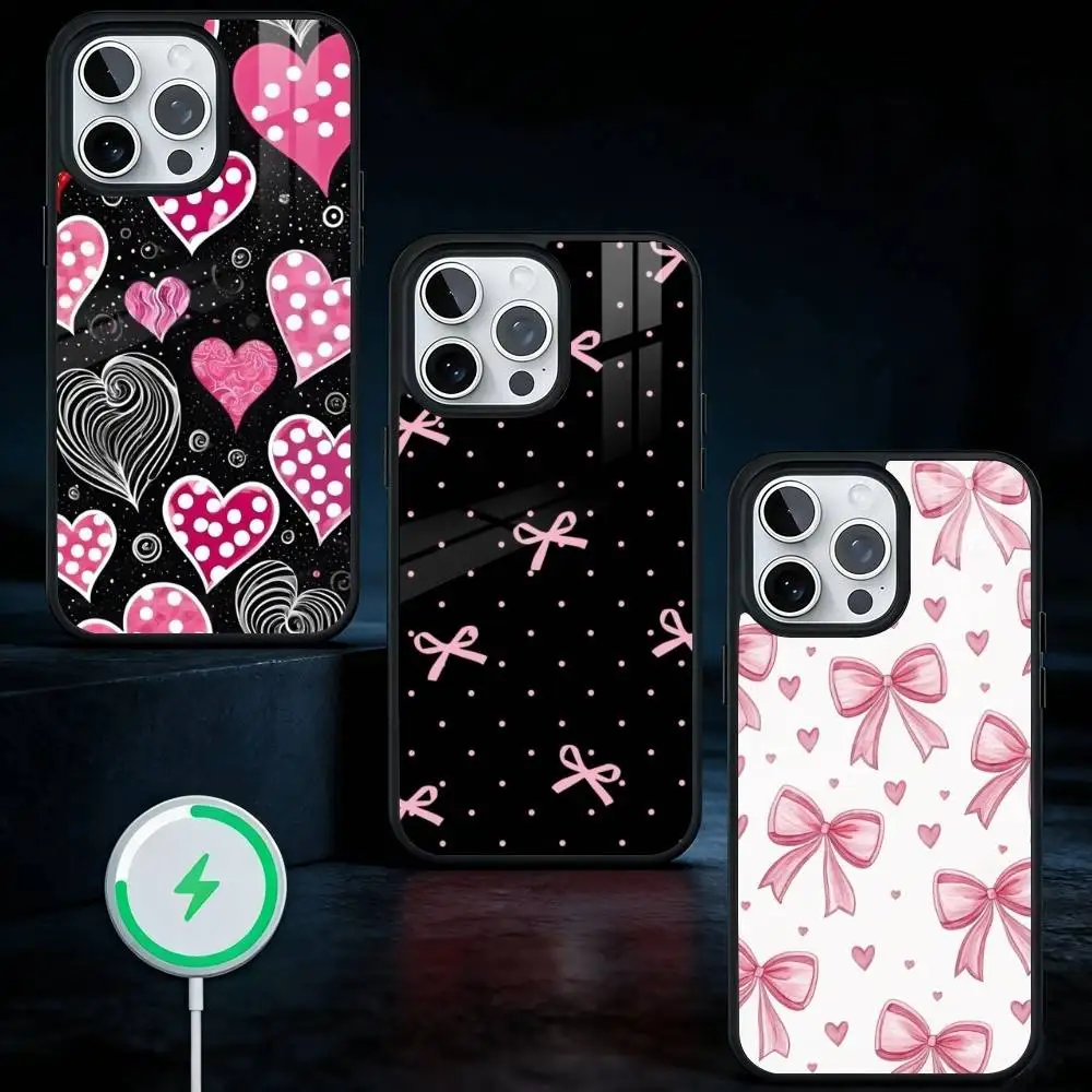 

Bowknot Heart Phone Case For iPhone17,16,15,14,13 Plus,Pro Max Magnetic For Magsafe Wireless Charging