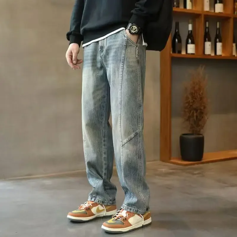 

Pop Fashion Men's Autumn Retro Design Patchwork Loose Fit Denim Jeans Heavy Washed Casual Drop Crotch Wide Leg Harem Pants