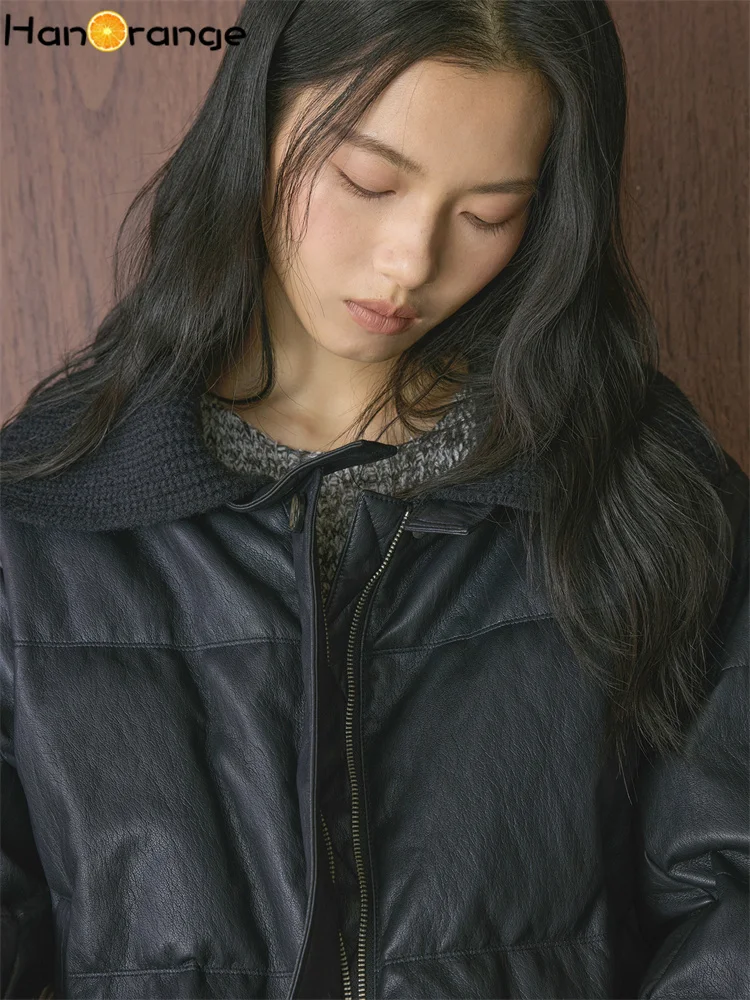 HanOrange 2025 موضة الشتاء الربط بولي White White Duck أسفل سترات المرأة سترة دافئة مريحة أسود أزرق داكن #4