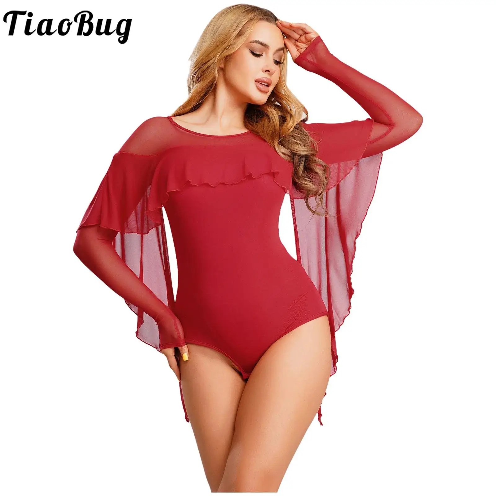 

Женское лирическое танцевальное боди, купальник, костюм танцовщицы, прозрачная сетка, лоскутное нерегулярное наложение, трико с длинными рукавами и открытой промежностью