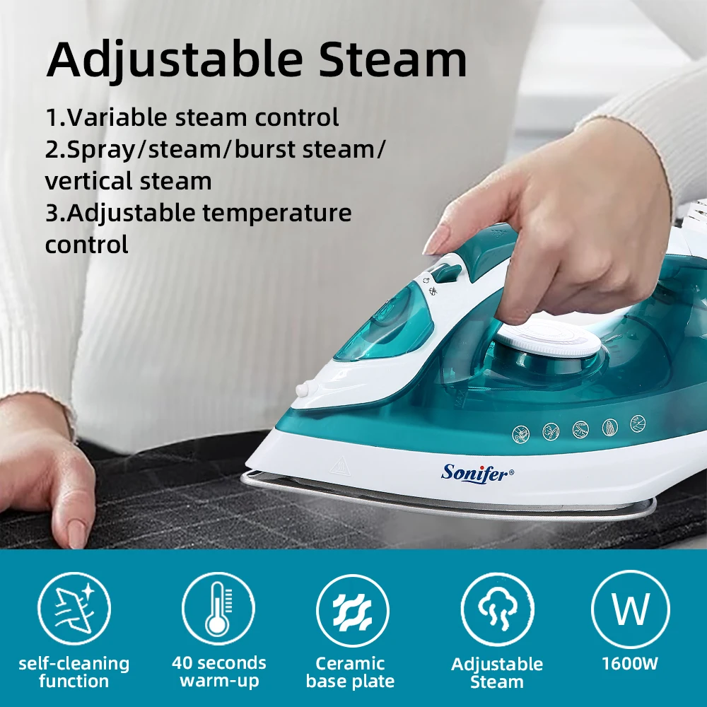 Ferro da stiro a vapore Sonifer 1600W Riscaldamento rapido Serbatoio dell'acqua da 160ml Ferro da viaggio Vapore verticale Vapore regolabile Autopulente Soleplat in ceramica