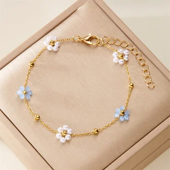 Doce imitação de pérola flor pulseira conjunto de jóias para mulheres mão pescoço moda corrente de metal colar boho acessórios presentes