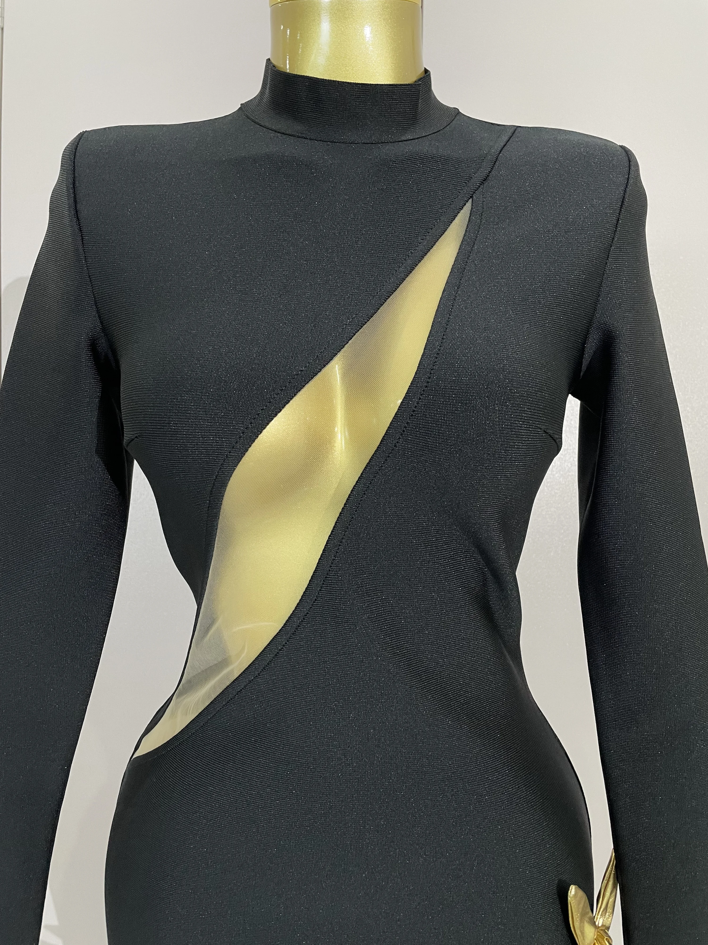 Sexy 3D Gold Flowers Black Cut Out Long Sleeves Bandage Mini Dress Women Elegant Celebrity Prom Luxury Birthday Party Dress