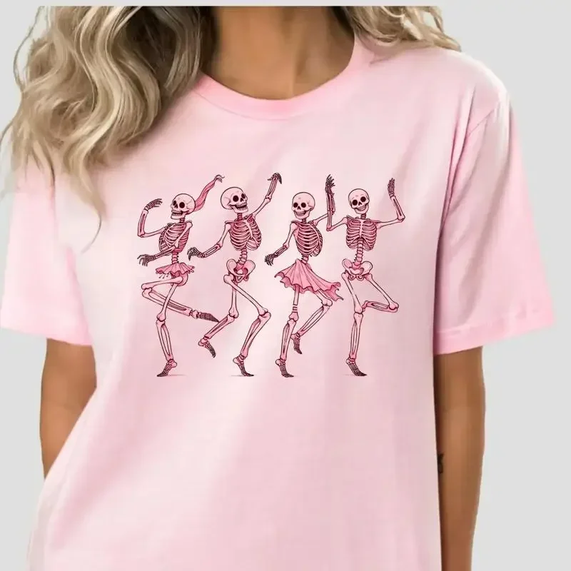 Dancing Pink Skeleton T Shirt Cute Halloween Skull Womens October