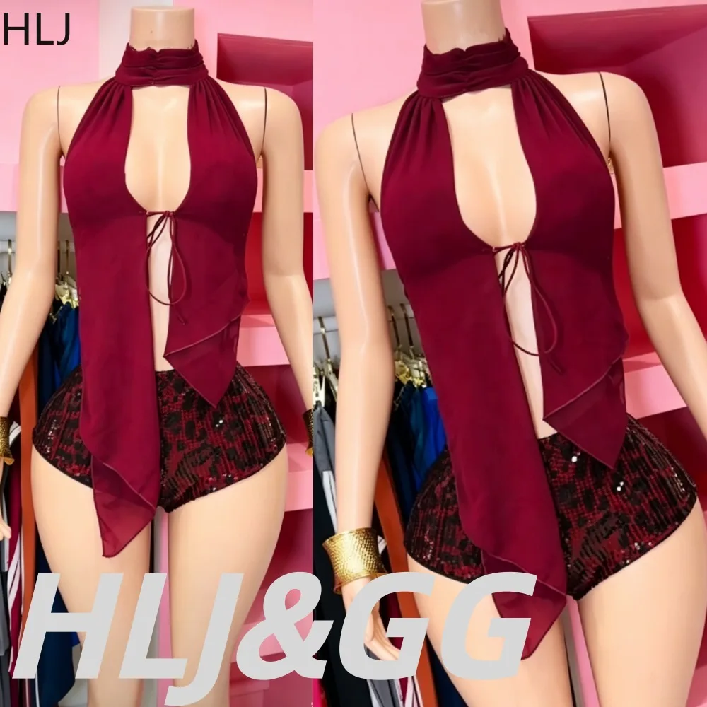 HLJ Sexy Cutout Halter Tie Front Mesh Top and Leopard Print Hot Shorts 2 Piece Set Women Club Night Beach Matching Outfit 2026