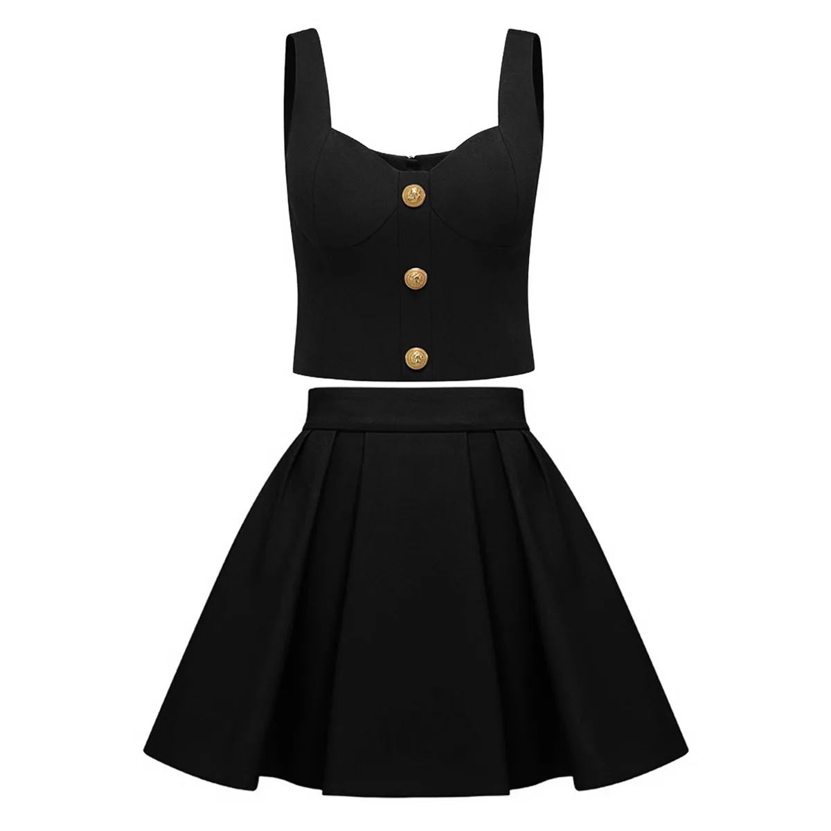 

Women Sold Color Square Neck Sleeveless Tank Top Hight Waisted A-line Pleated Mini Skirt