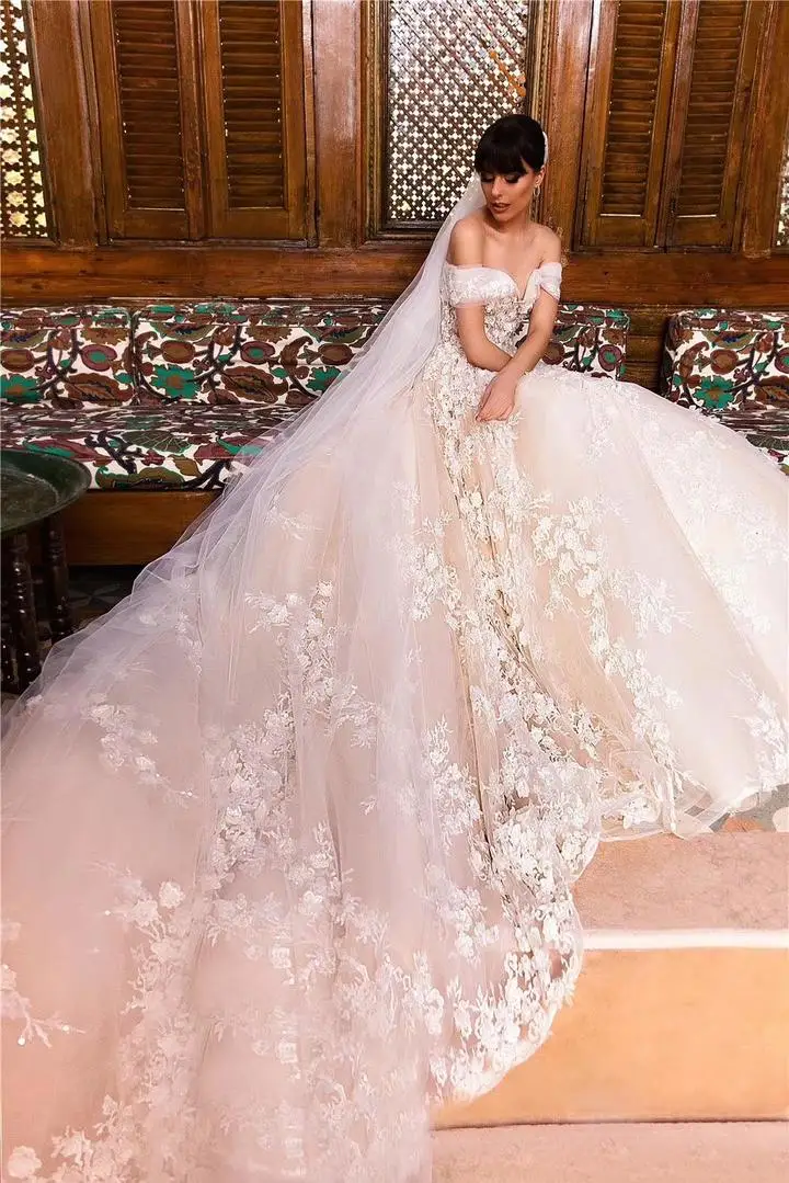 Abiti da sposa taglie forti abiti da sposa con spalle scoperte Blush fiori 3D abiti da ballo da sposa in pizzo A201864