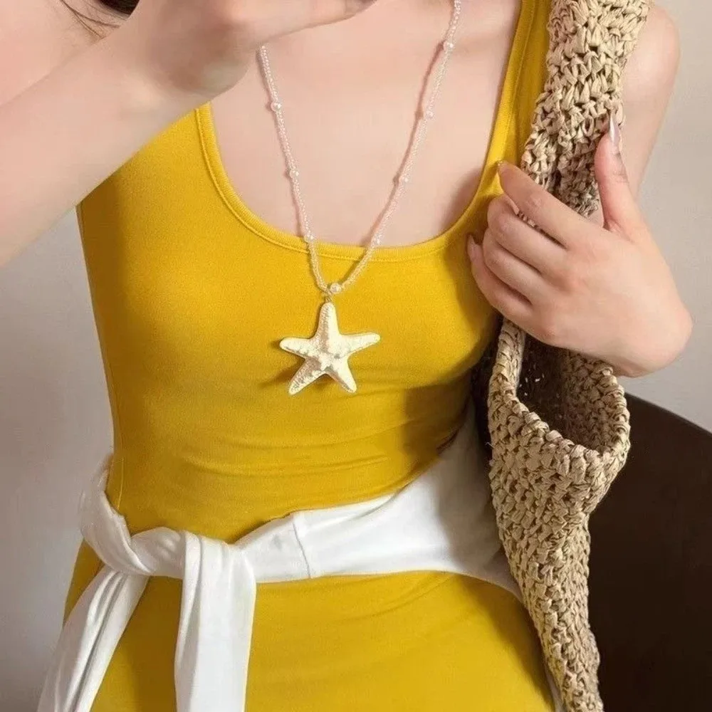 Bohemian Starfish Necklace Beach Surfer Dopamine Bead Trendy Beach Necklace Splicing Colorful Summer Clavicle Chain