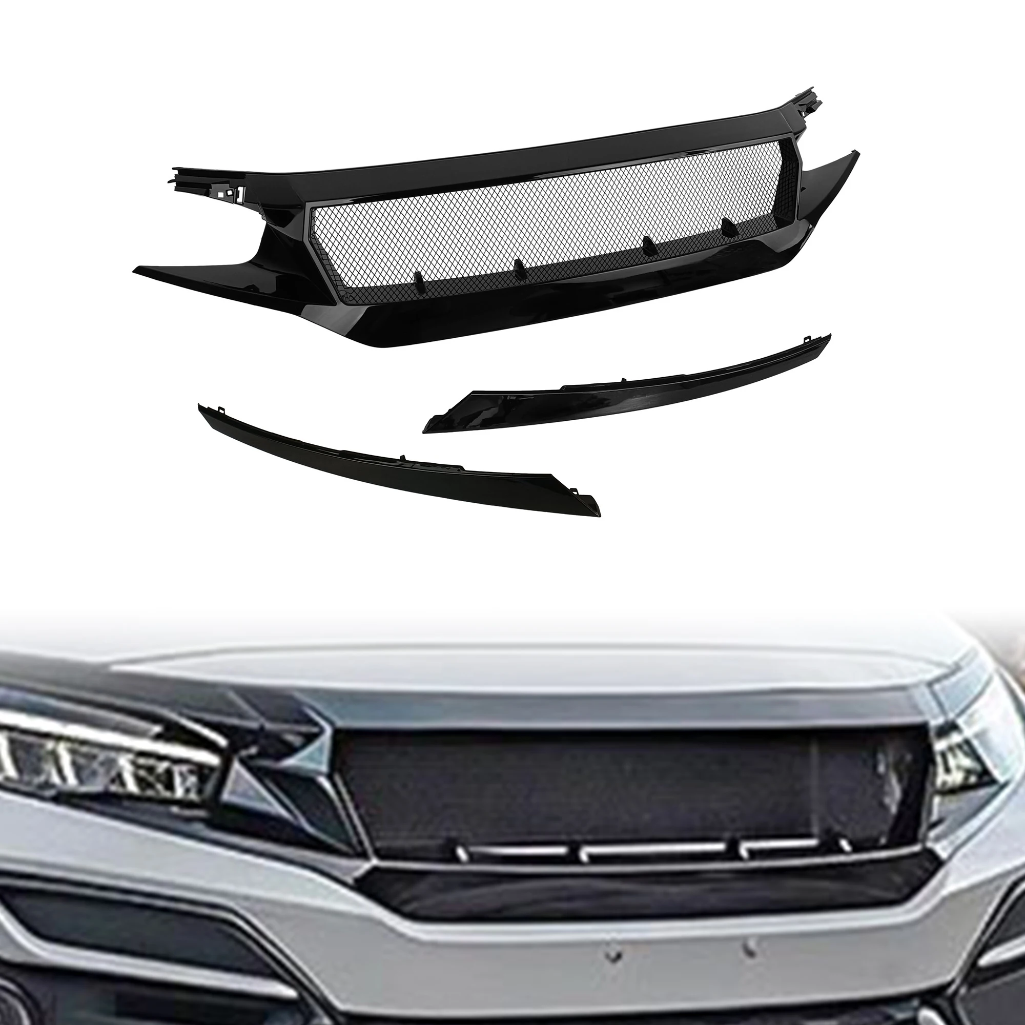 US  Home for 2016-2021 Honda 10th Gen Civic Glossy Black Mesh Car Grille Assembly