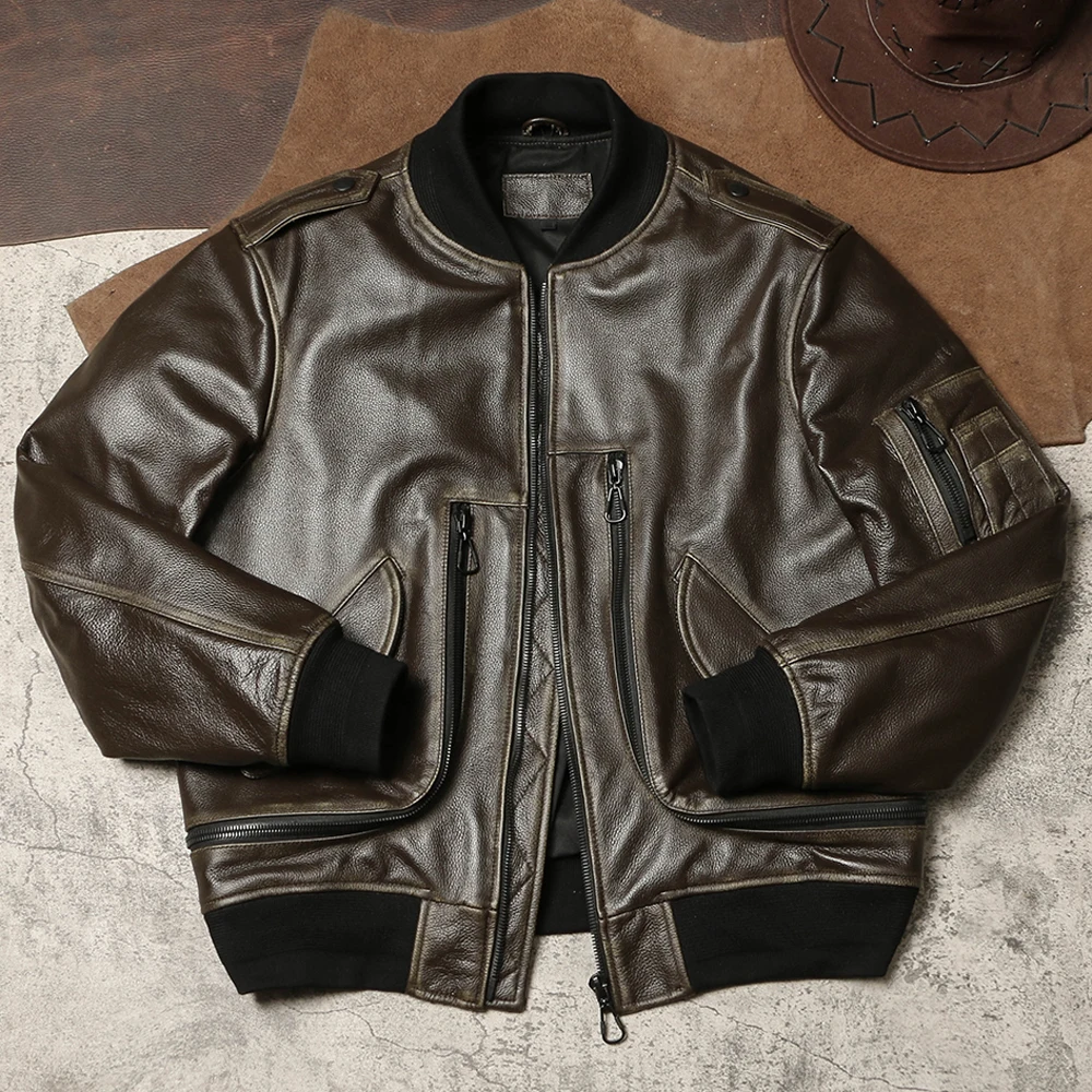 Woman and Mens Cow Leather Oversized Jacket Coat Loose Straight Flight Bomber Suit Coats MA-1 Cowhide Real Leather Topcoat 6XL