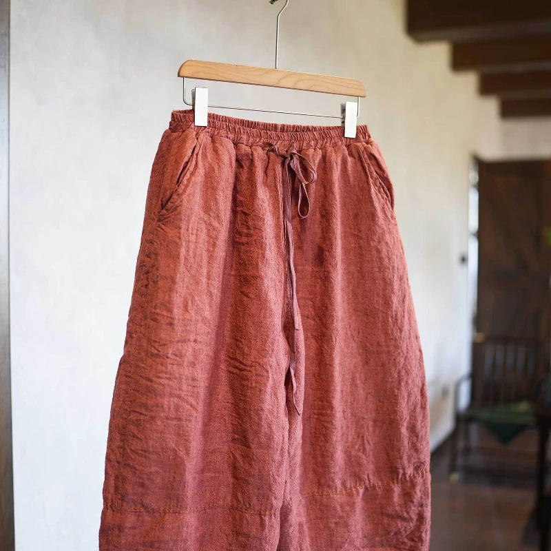 Pantalones de algodón de lino tejido de tela Natural para mujer, pantalones cálidos de cintura alta gruesos de invierno, Pantalones rectos con cordón de pierna ancha