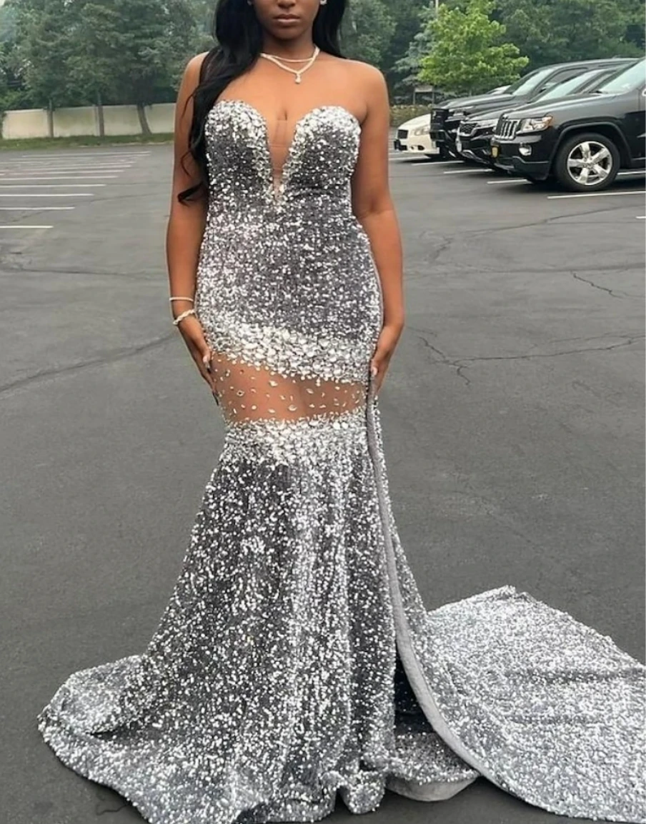 

Mermaid Evening Gown Sparkle Prom Dress Formal Sleeveless Strapless African American Sequined with Beading