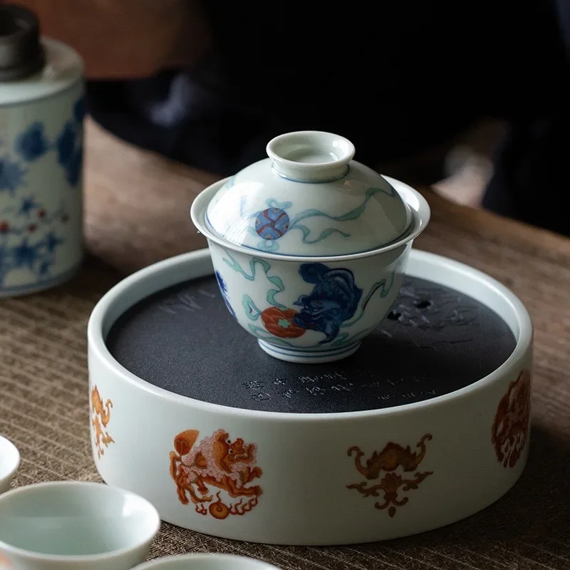 120ML Jingdezhen Antique Color Blue and White Ercai Cover Bowl Ceramic Retro Tea Making Bowl Teapot Underglaze Red KungFu TeaSet
