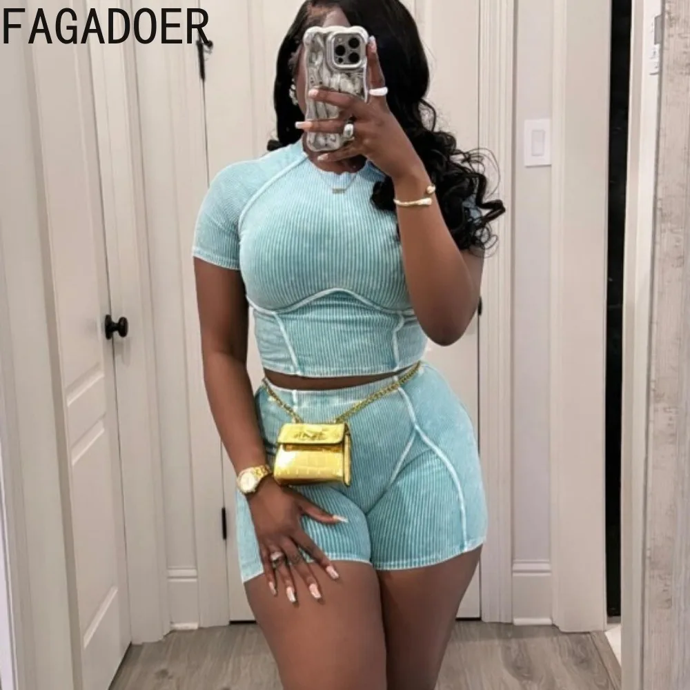 FAGADOER Summer Solid Ribber Sporty Two Piece Sets Women O Neck Short Sleeve Crop Top And Biker Shorts Outfits Female Tracksuits