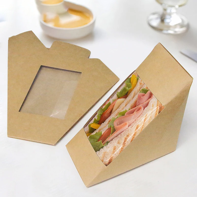 50Pcs/lot Triangle Kraft Paper Transparent Window Sandwich Box Western Pastry Baking Cake Packaging Paper Box