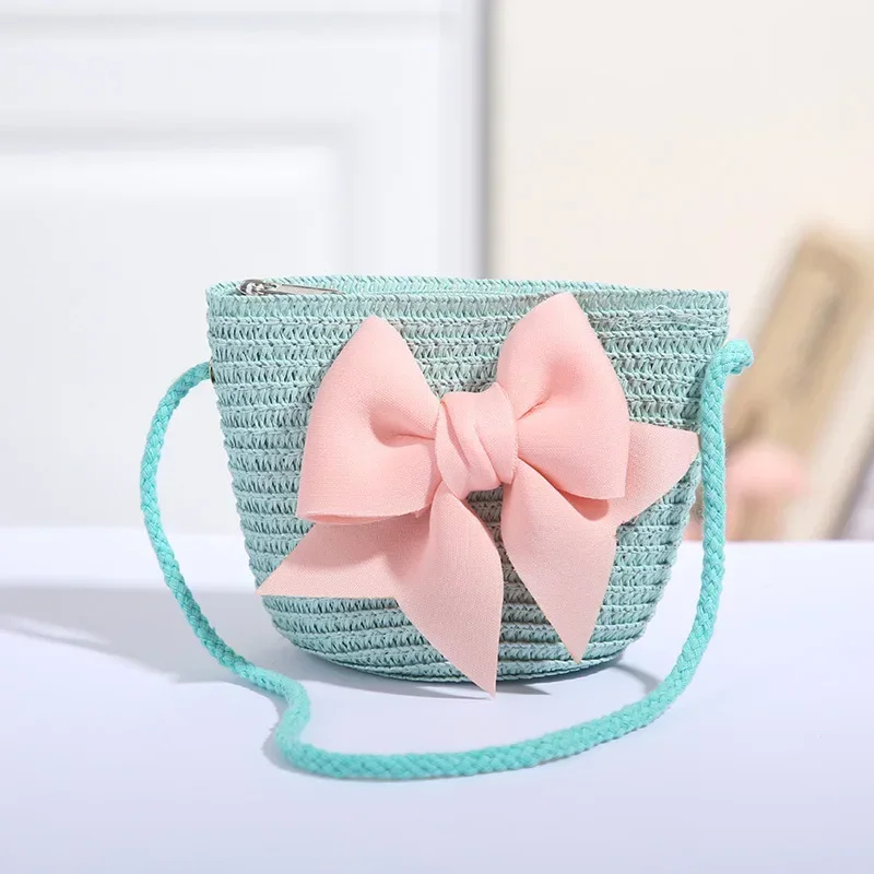Handmade Woven Crossbody Bag Mini Coin Purse Beach Handbags Cute Bow Straw Shoulder Bags Baby Girls Princess Kids Messenger Bags