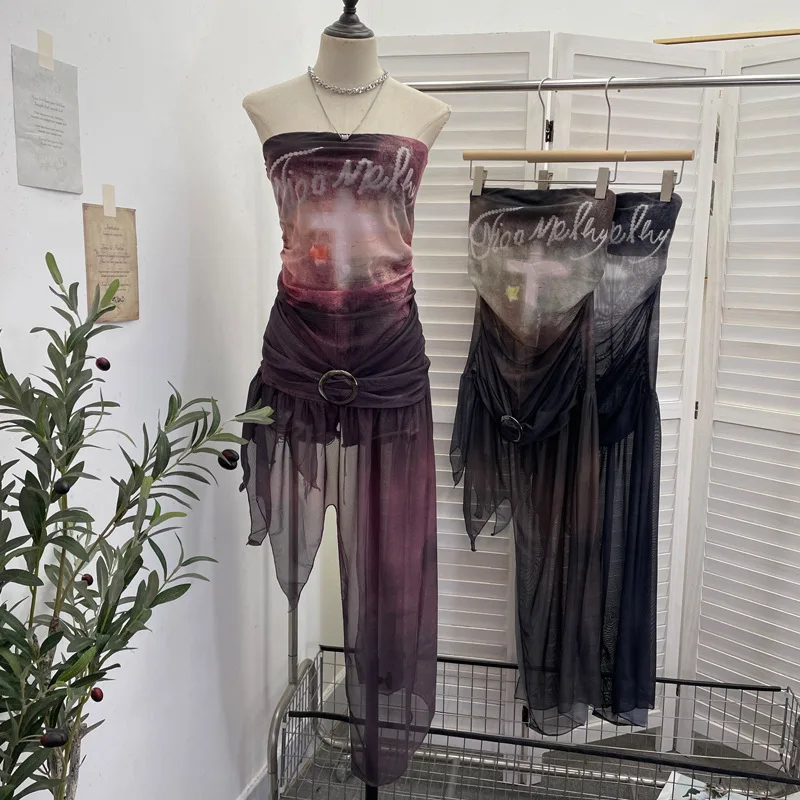 Women Mesh Print Tube Top Dress with Built In Bra Anti Slip Strip Sheer Single Layer Irregular Hem Sleeveless Party Dress1309