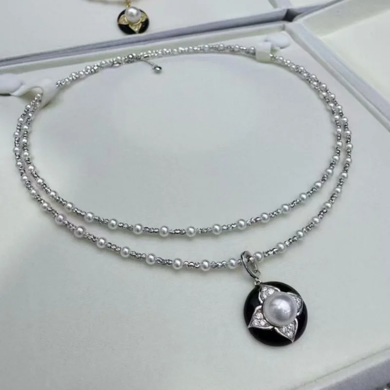 

SGARIT Aurora Baby Pearls Necklace for Women Black Agate Pearl Pendant 925 Sterling Silver Double-layer Set chain