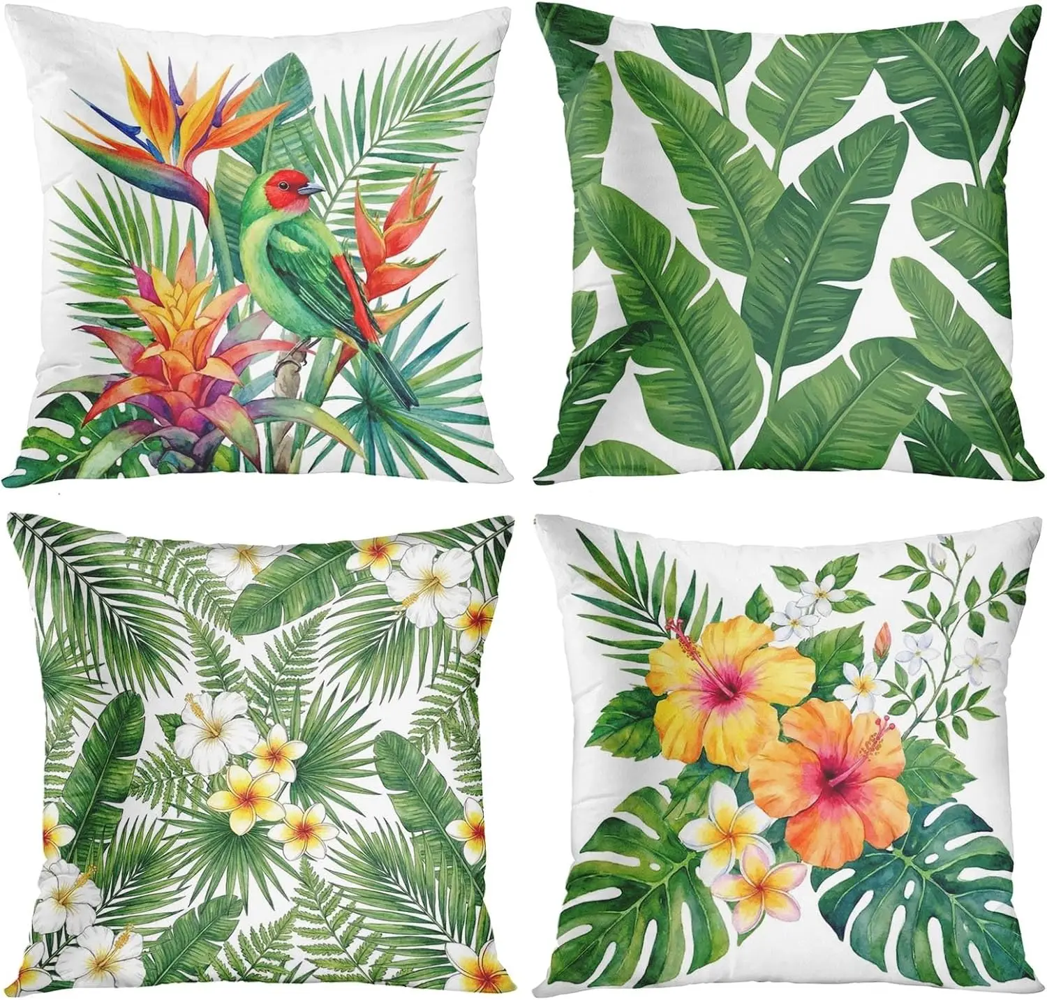 4Pcs Tropical Botanical Throw Pillow Covers Bird Hibiscus Palm Cushion Cases for Living Room Bedroom Sofa Home Ornament