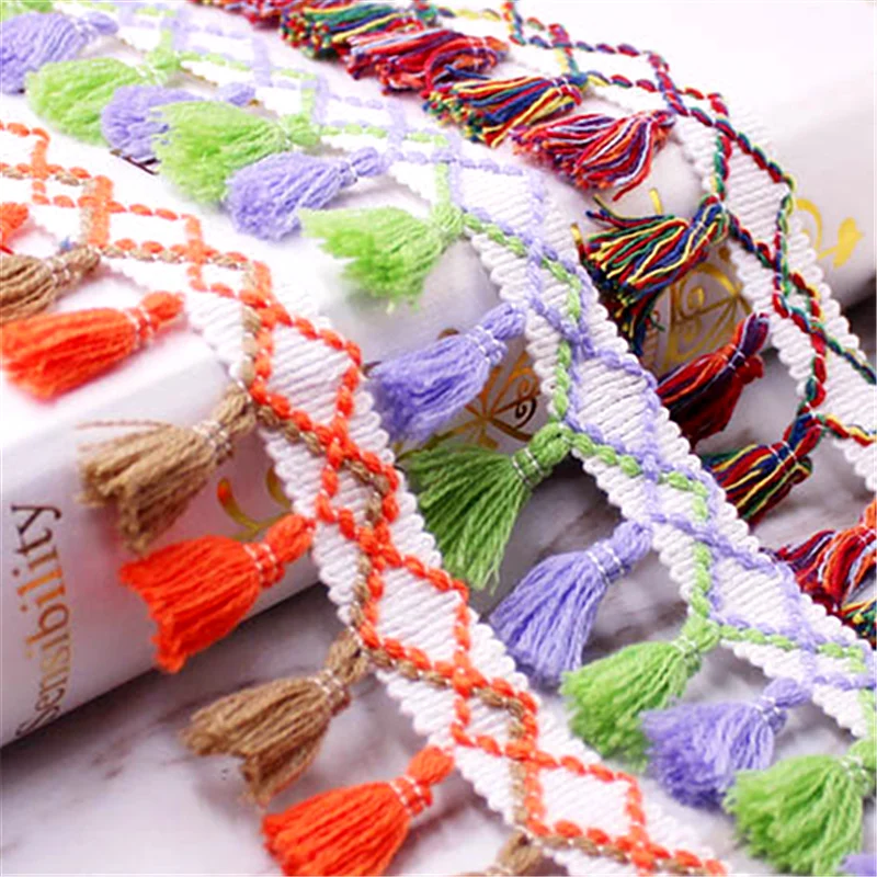 2 Yards Colored Fringed Lace Trim Sewing Ribbon Tassel Fringe Cotton Ethnic Latin Dress Stage Garment Curtain Decorative DIY