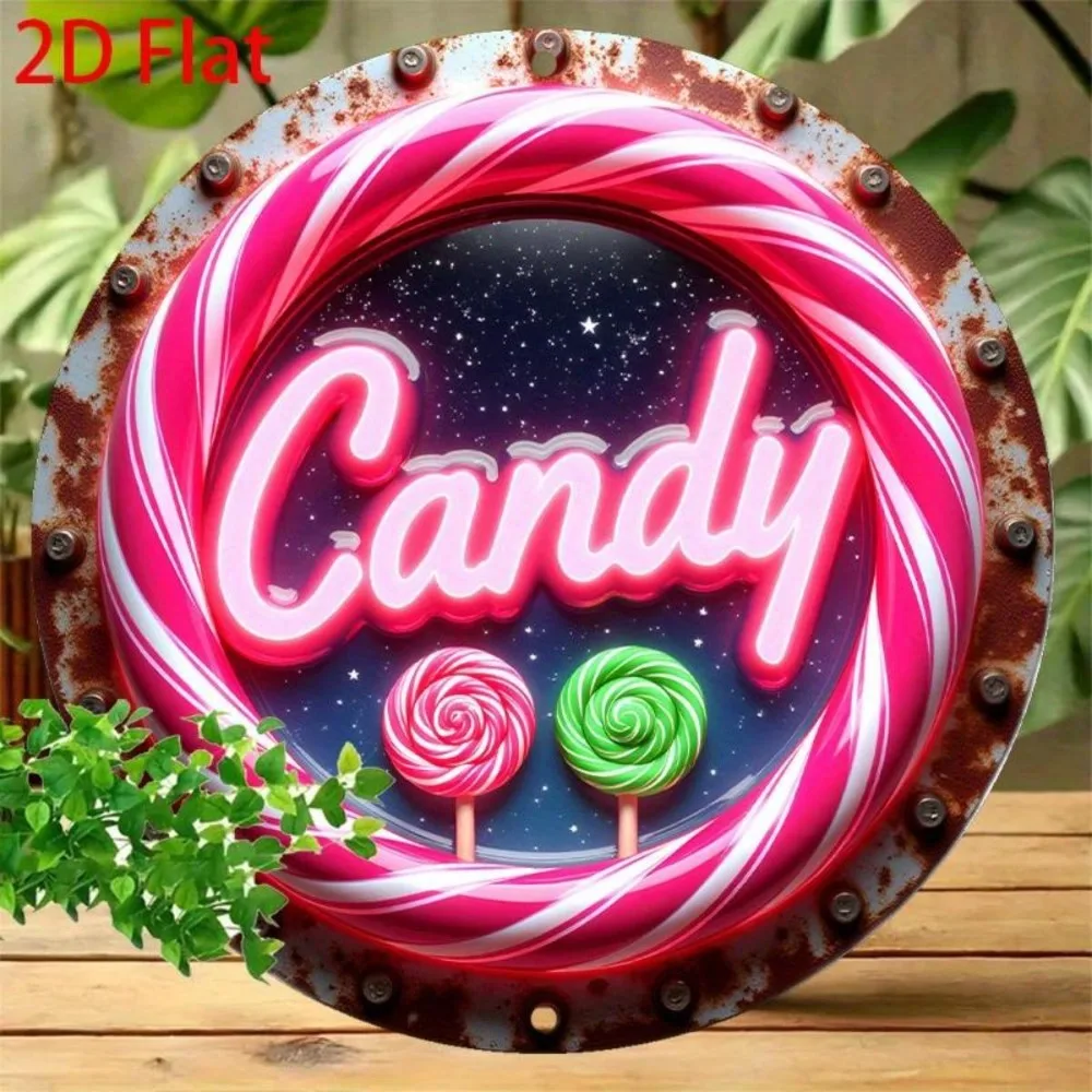 Vintage Neon Candy Lollipop Metal Tin Sign, Retro 3D Effect Pink Swirl Candy with Starry Sky Round Wall Art Decor, Classic Sweet