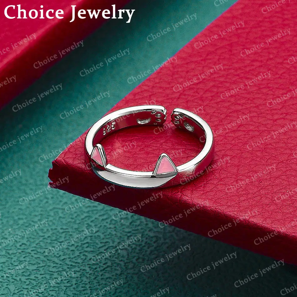 925 Sterling Silver Cute Pink Cat Ears Ring for Women's Opening Design Fashion Jewelry Perfect for Everyday Accessories