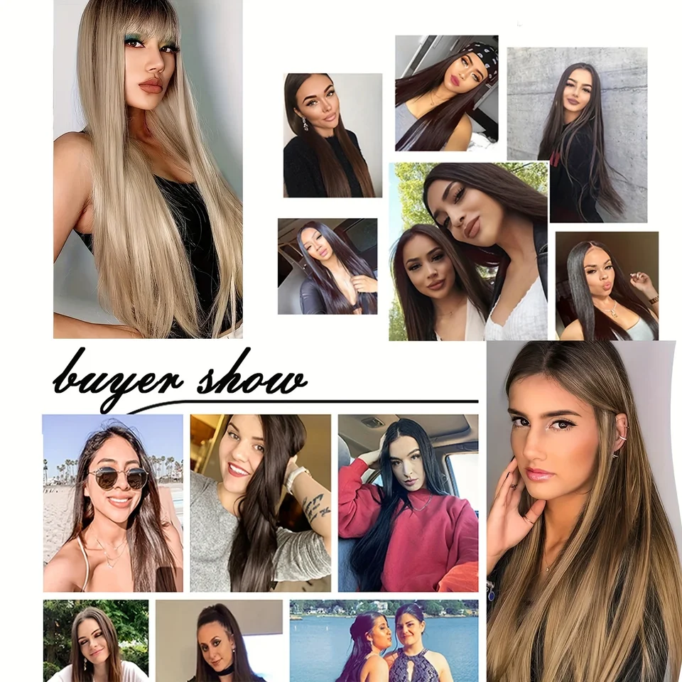Estilo lacio largo, 16 clips, set de 7 piezas, extensiones de cabello sintético natural rubio y negro, resistente al calor para mujer 5