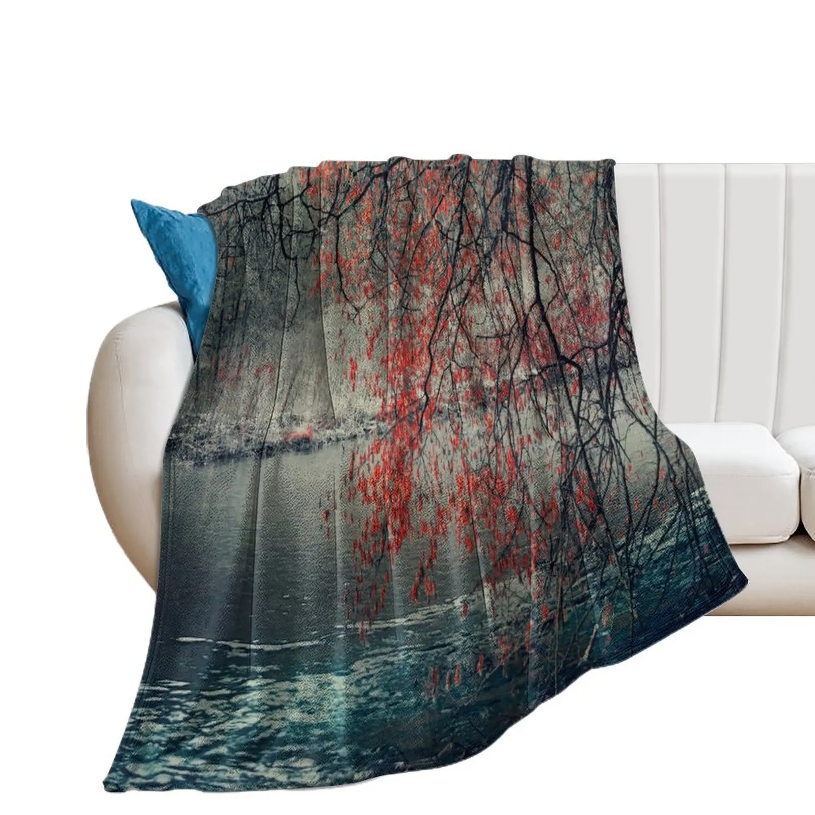 

By the River - Fall Mood and Red Foliage Throw Blanket Bed linens Hairy warm for winter Blankets