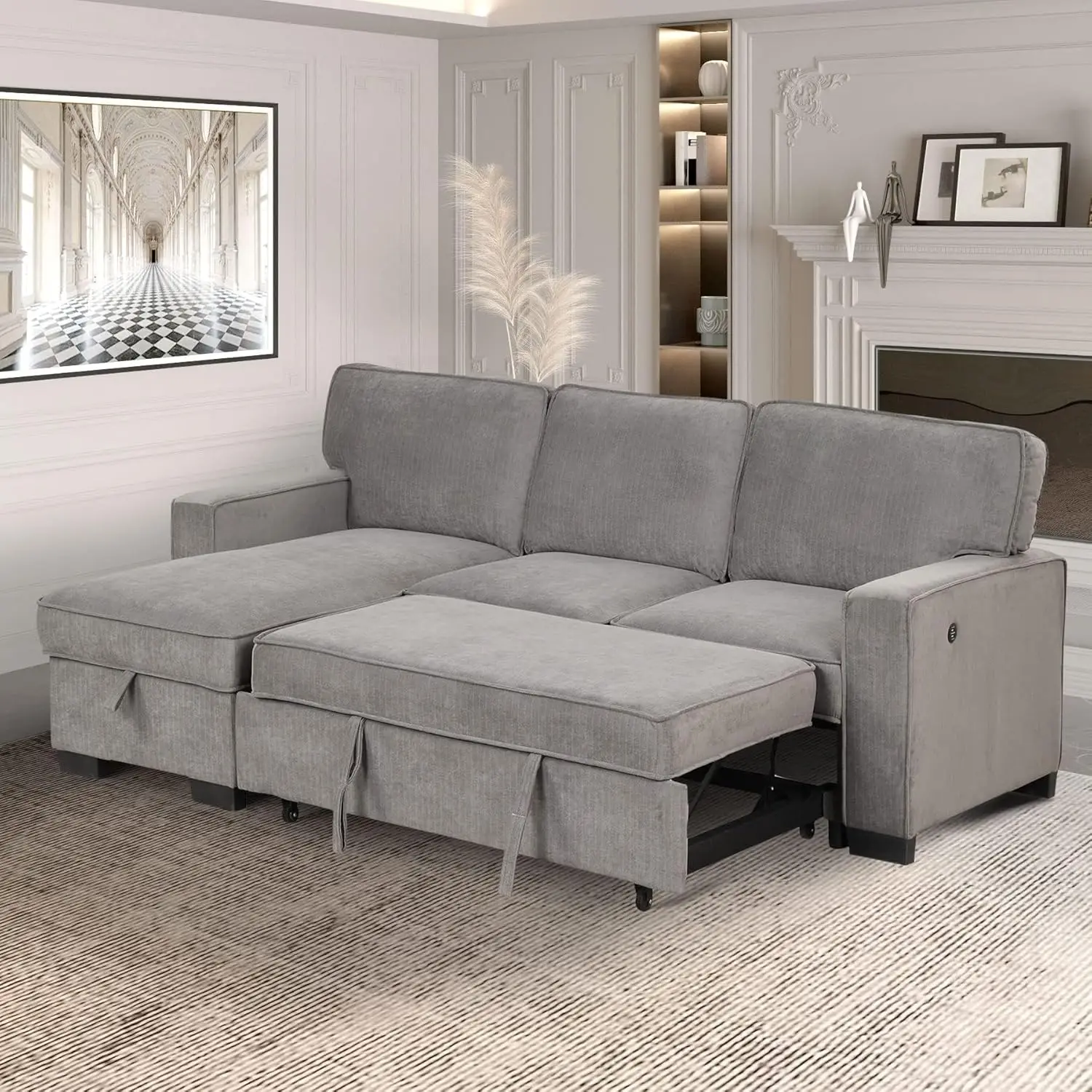 

Convertible sleeper sofa 3-in-1L living room sofa with storage space, cushion sofa bed, bedroom USB port and cup holder