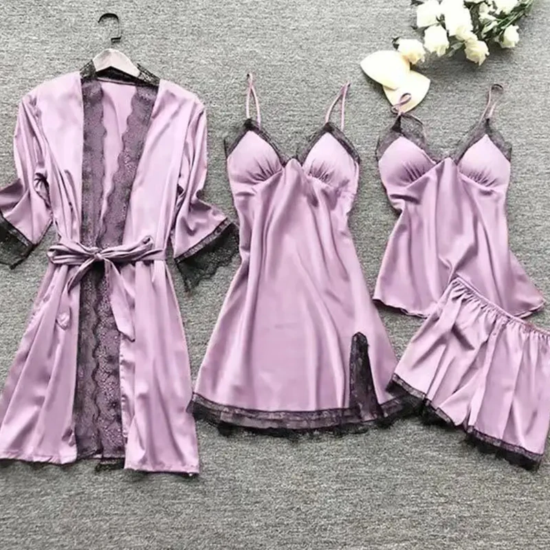 4PCS Sleepwear Pajamas Set Silk Women Nightdress Lace Dress Robe Sleep Nightwear Silk Solid Color Pijama Sets 6