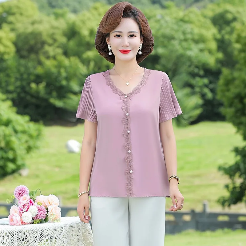 Summer New Fashion Solid Color Chiffon Shirt NEW V-Neck Short Sleeve Lace Pullover Shirt Korean Elegant Casual Blouse