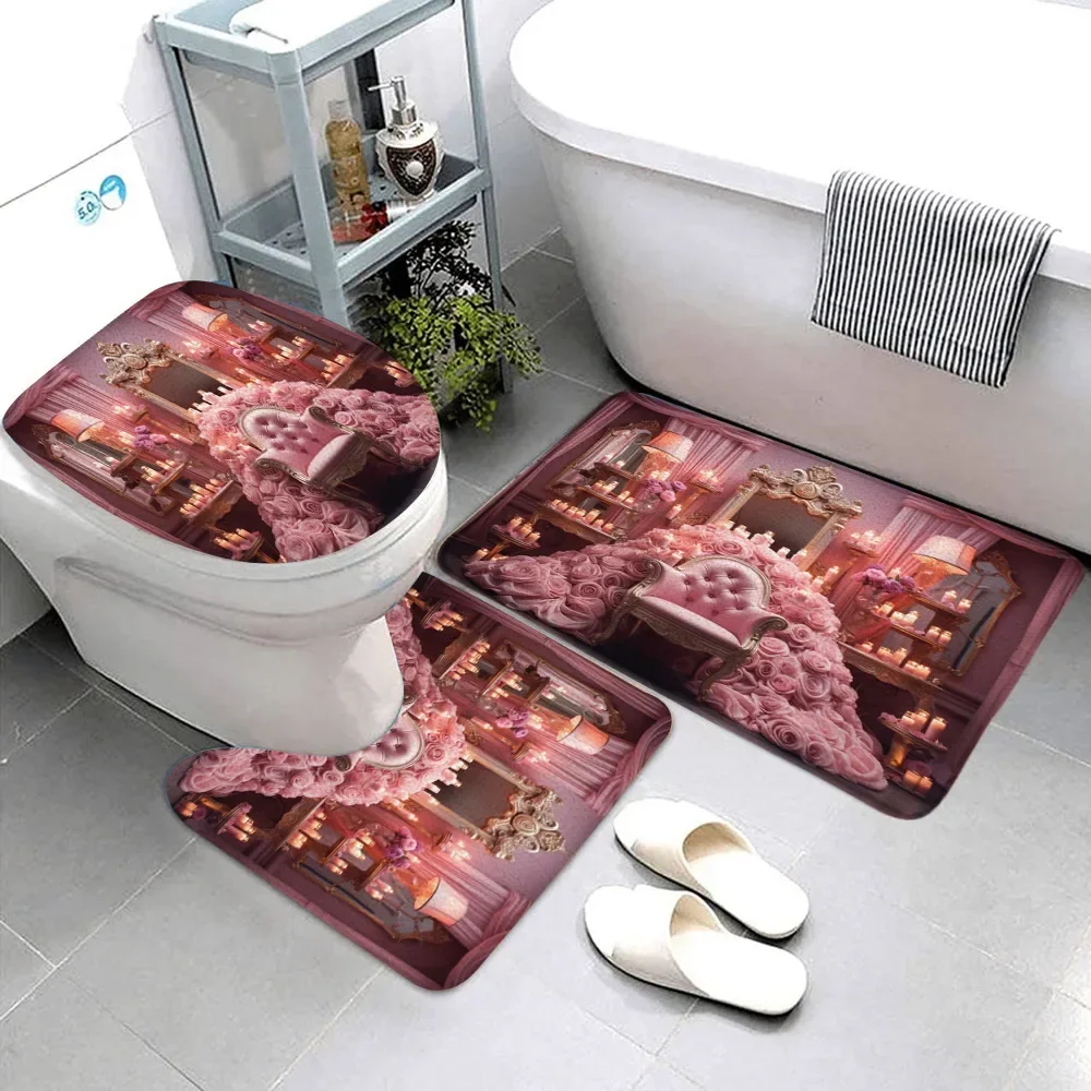Valentine\'s Day Bathroom Rug Set Holiday Gift Bathtub Decoration Bath Mat Toilet Mat Set Bathroom Drill Decoration