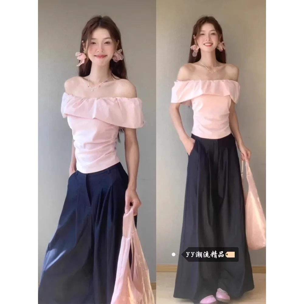 

Women's Summer T-shirt Elegant Off-should Ruffles Short Sleeves Pink Top Casual Loose Shirt Female Clothing Clothes Tee Costume