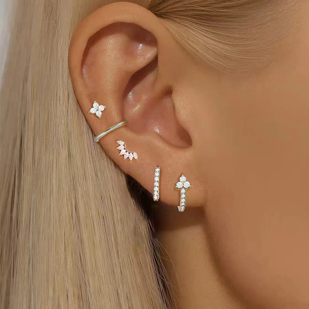 5PCS New Arrival Sparkling Crystal Zircon Flower Hoop Earrings for Set Women 14K Gold Plated Piercing Ear Stud Wedding Jewelry