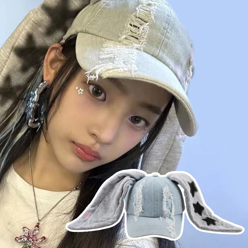 

Y2k Hats New Jeans Bunny Ears Hats Kpop Outfits For Women Baseball Cap Hip-hop Beanies Grunge Girl Caps