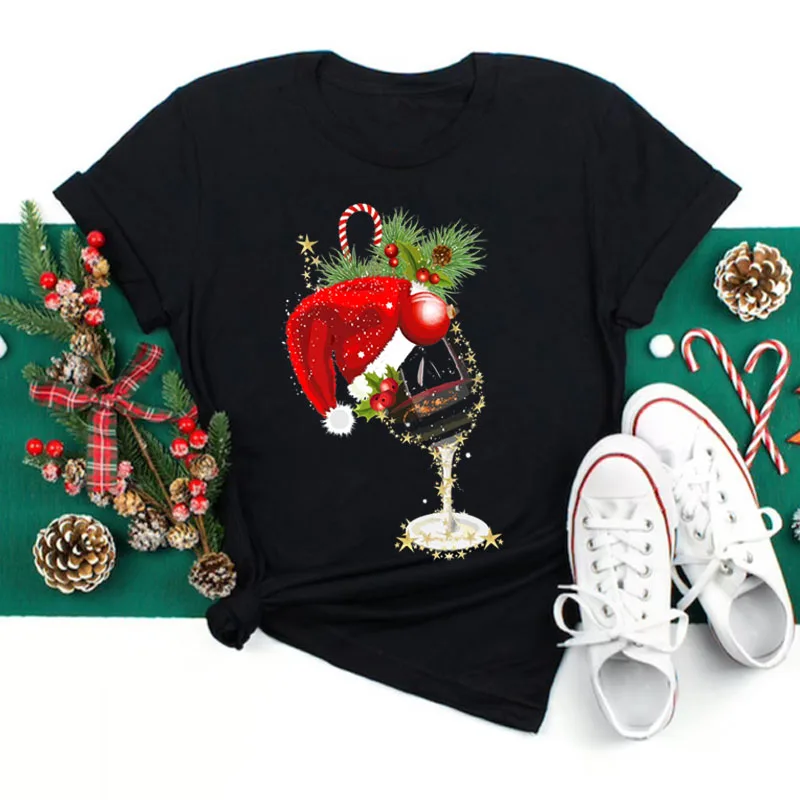 

New Merry Christmas T-shirt Fashion Women T-shirt Red Wine and Christmas Hat Printed Tops Short Sleeve Female Graphic Tee Shirts