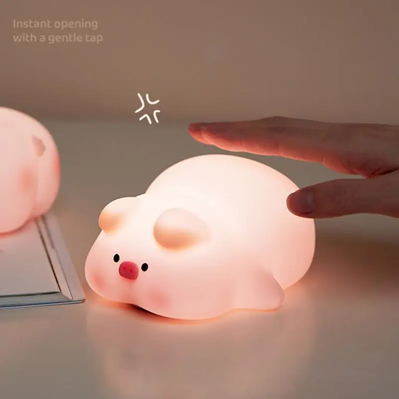 Pig Night Light Silicone Fun Lying Flat Pig LED Squishy Animal Novelty Lamp 3 Level Dimmable Rechargeable Bedside Touch Lamp For