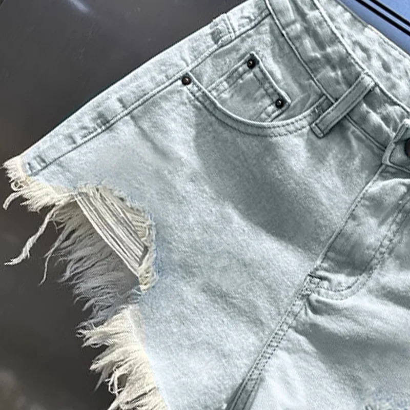 retro irregular old ripped denim shorts women's summer low waist design jeans hot pants sky blue