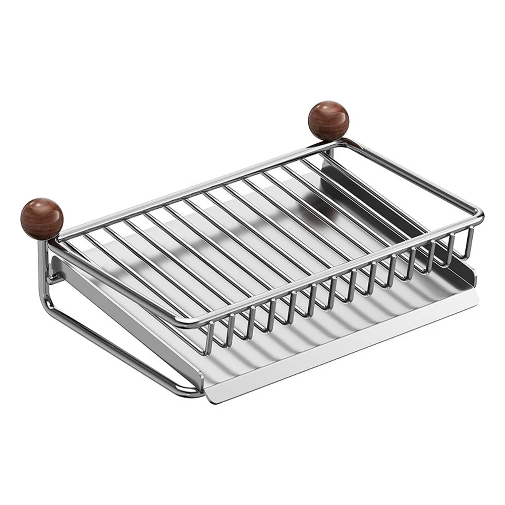 Countertop Stainless Steel Soap Holder with Wooden Beads and 45 Degree Sloped Base for Reliable Water Evacuation