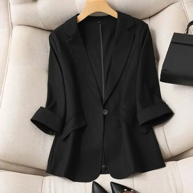 Spring Summer Women Seven Points Sleeve Small Suit Coat Korean Female Solid Color Blazer Jacket Ladies New Leisure Fashion Tops