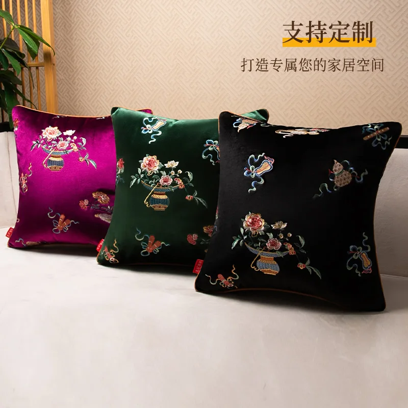 Chinese-style Sofa Cushions Velvet Embroidered Cushions Retro and High-end Waist Pillows Headrest Cushions Living Room Cushions