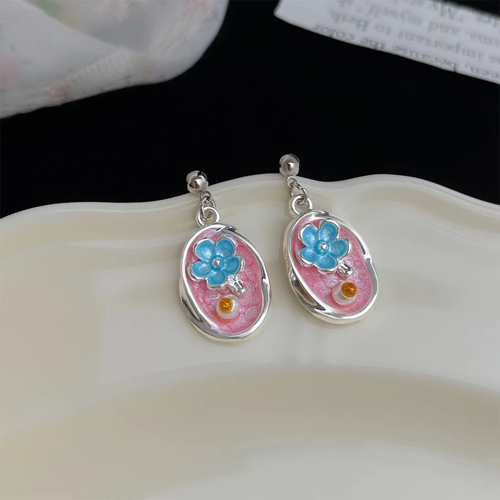 DIY accessories Literary and retro oil painting flower earrings enamel oil drop pearl earrings French sweet and elegant temperam