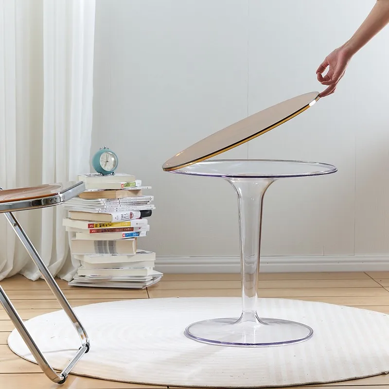 IHOME Nordic Minimalist Transparent Small Coffee Table Round Acrylic Small Edge Table Movable Plastic Coffee Small Round Table