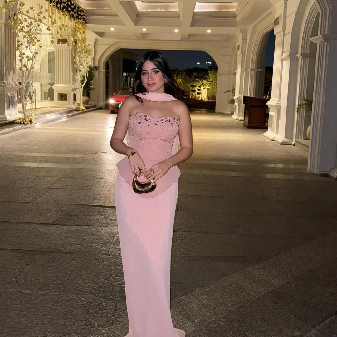 

Pink Sweetheart Beaded Long Bespoke Occasion Gown Evening Dresses Pastrol Unisex Jersey Retro Dubai Saudi Arabic Prom Customized