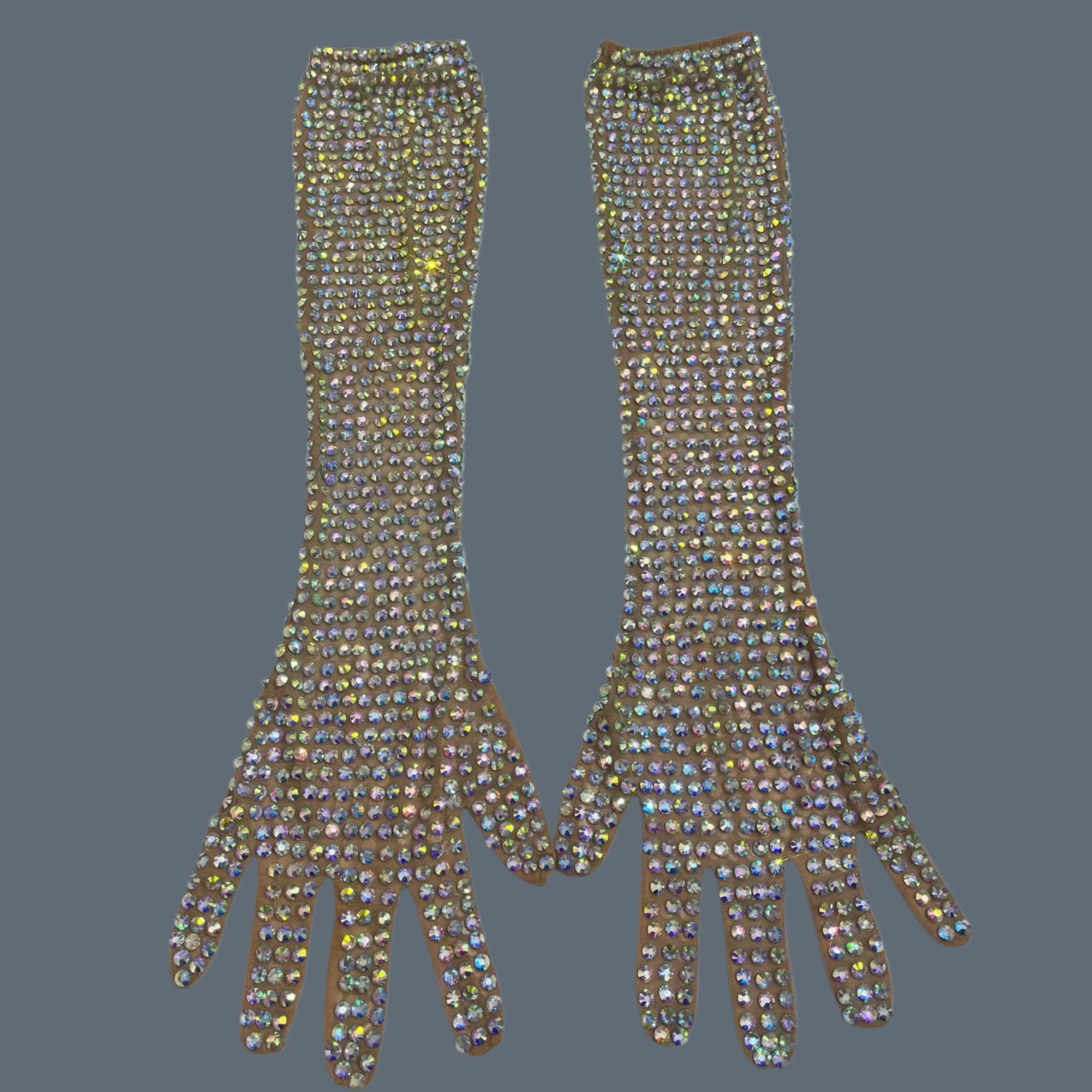Sexy Dress AB Rhinestone Sheer Mesh Long Gloves Women Full Finger Sparkly Stage Performance Party Outfit Accessory