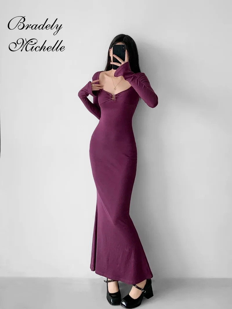 

V Collar Fishtail Long Sleeve Dresses for Women 2024 Sexy Pullover Solid Long Dress