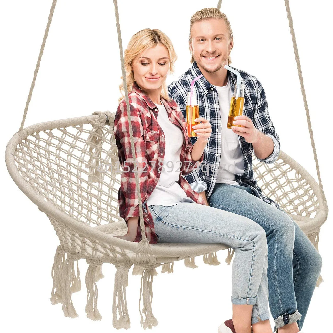 Double Macrame Hammock Chair Swing Bench for Indoor Outdoor Bedroom Relaxing Knitted Floating Seat