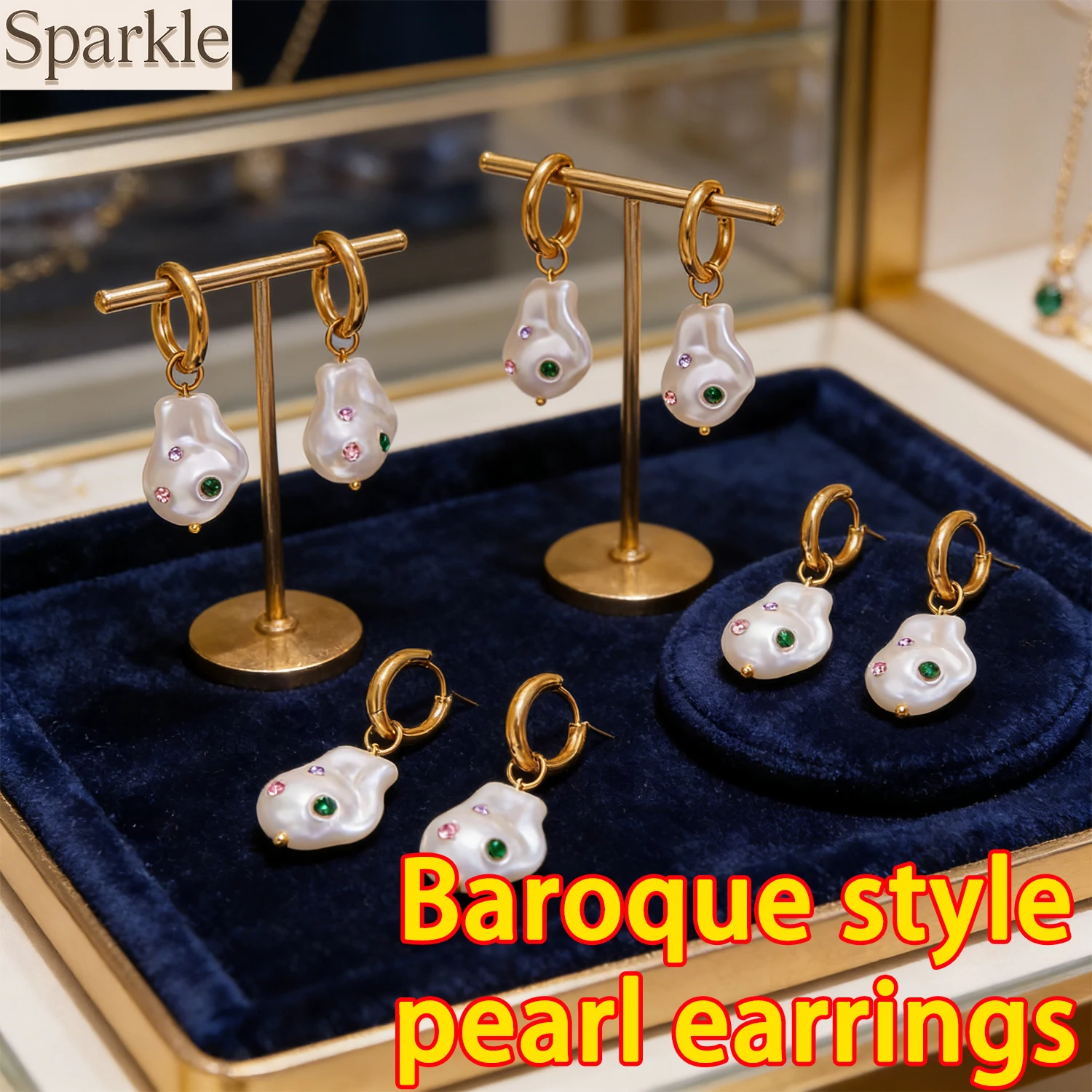 

Gold Plated Stainless Steel Hoop Earrings with Baroque Pearl Charm Dangle Earring with Zircon Vintage Pearl Drop Earrings