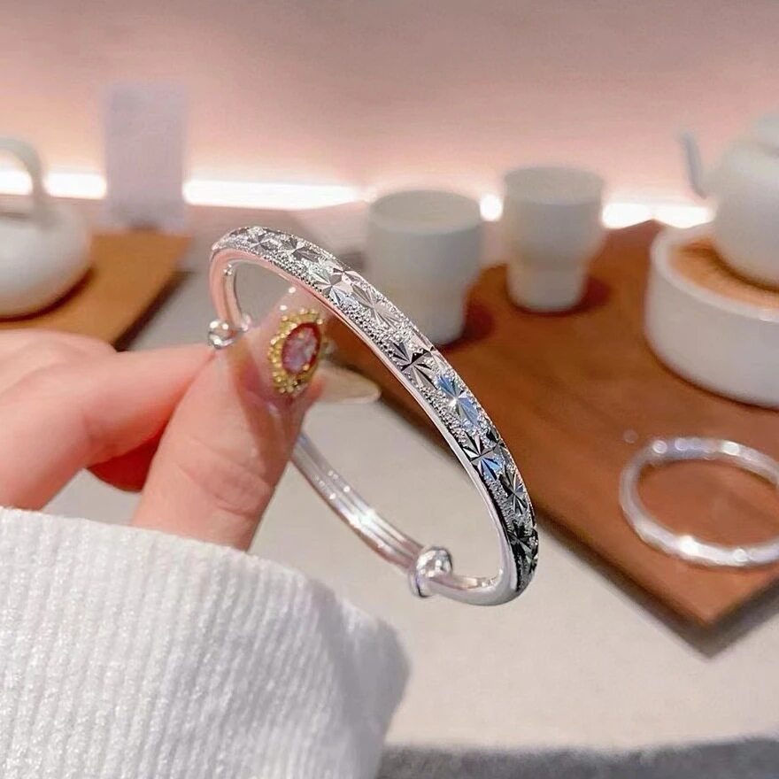 OUYADI Timeless 999 Sterling Silver Starry Sky Bangle, Push-Pull Adjustable Bracelet Perfect Gift For Mother